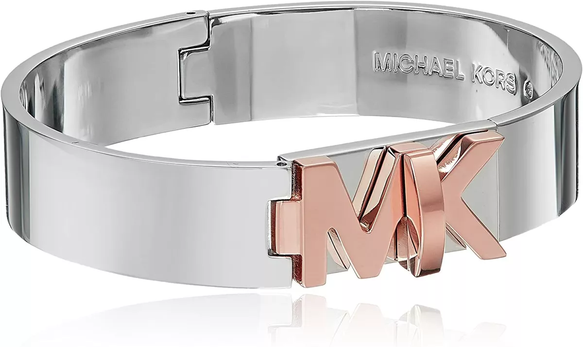 NEW MICHAEL KORS SILVER LOGO ROSE GOLD 2 TONE TURN LOCK OVAL CUFF