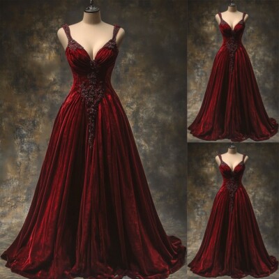 Burgundy Velvet Wedding Dresses Straps Crystal Sparkle Beaded V Neck Bridal  Gown | eBay