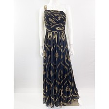 Betsy  Adam Black  Gold Maxi Dress Size 4 One Shoulder Pleated Chiffon Gown