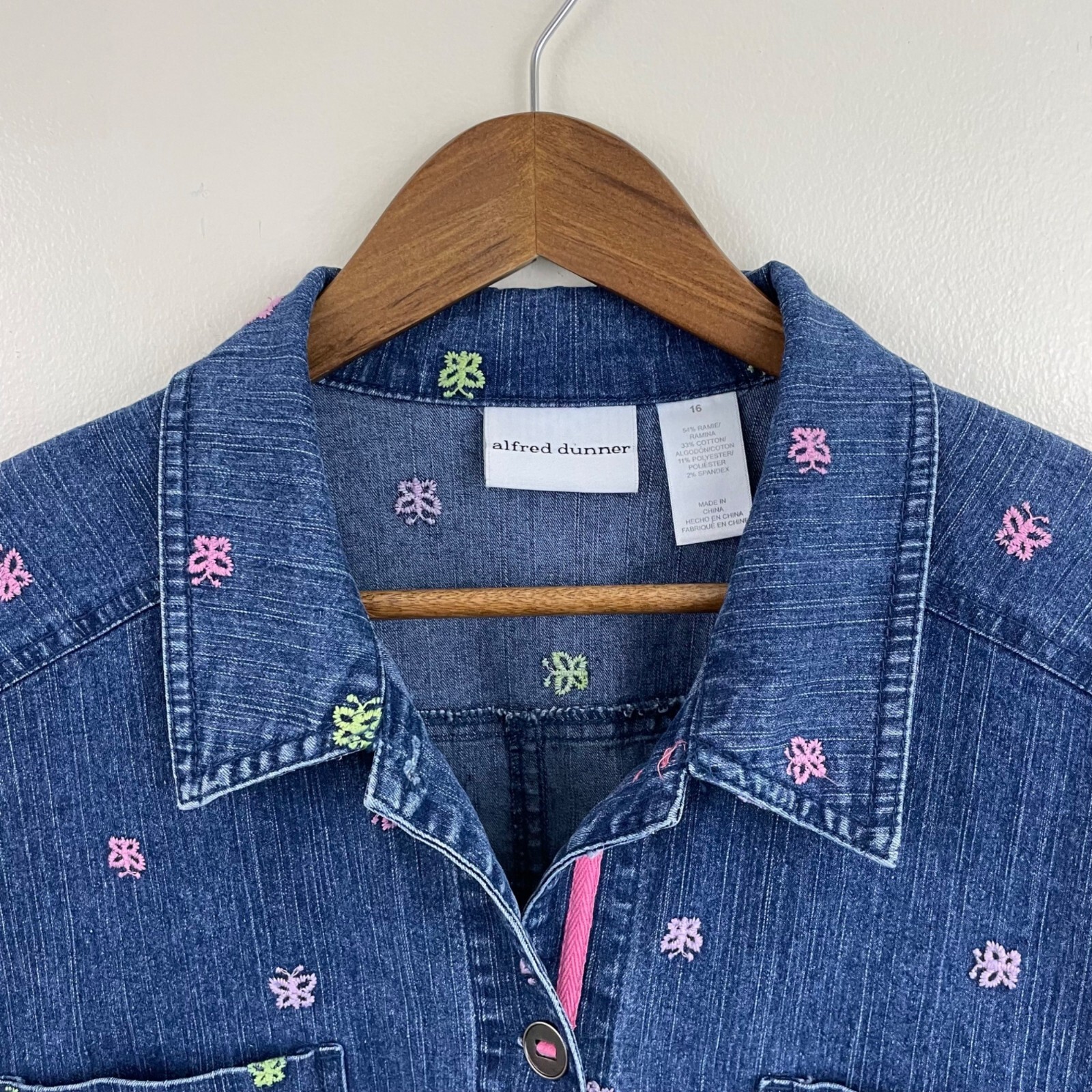 Alfred Dunner Women's Denim Jacket Size 16 Blue Embroidered Butterflies