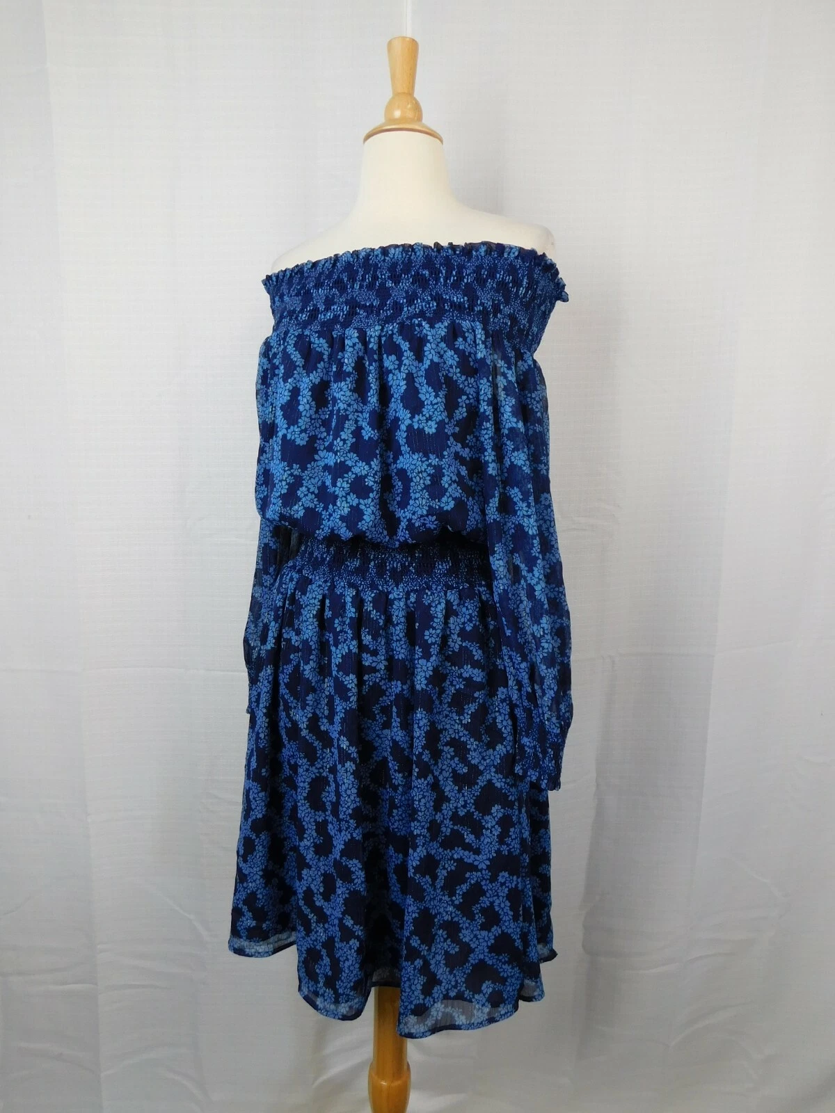 Abito Michael Kors Arbor floreale smocked spalle scoperte mirtillo medio #2957
