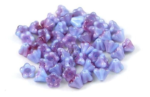 25 Czech Glass Baby Bell Flower Beads - Blue Raspberry Swirl 6x4mm - Picture 3 of 3