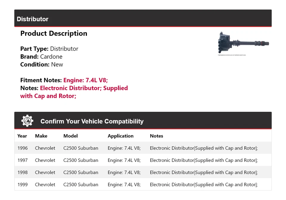 Para 1996-1999 Chevrolet C2500 Suburban 7.4L V8 Distribuidor Cardone 1997 1998 - Imagem 2 de 4