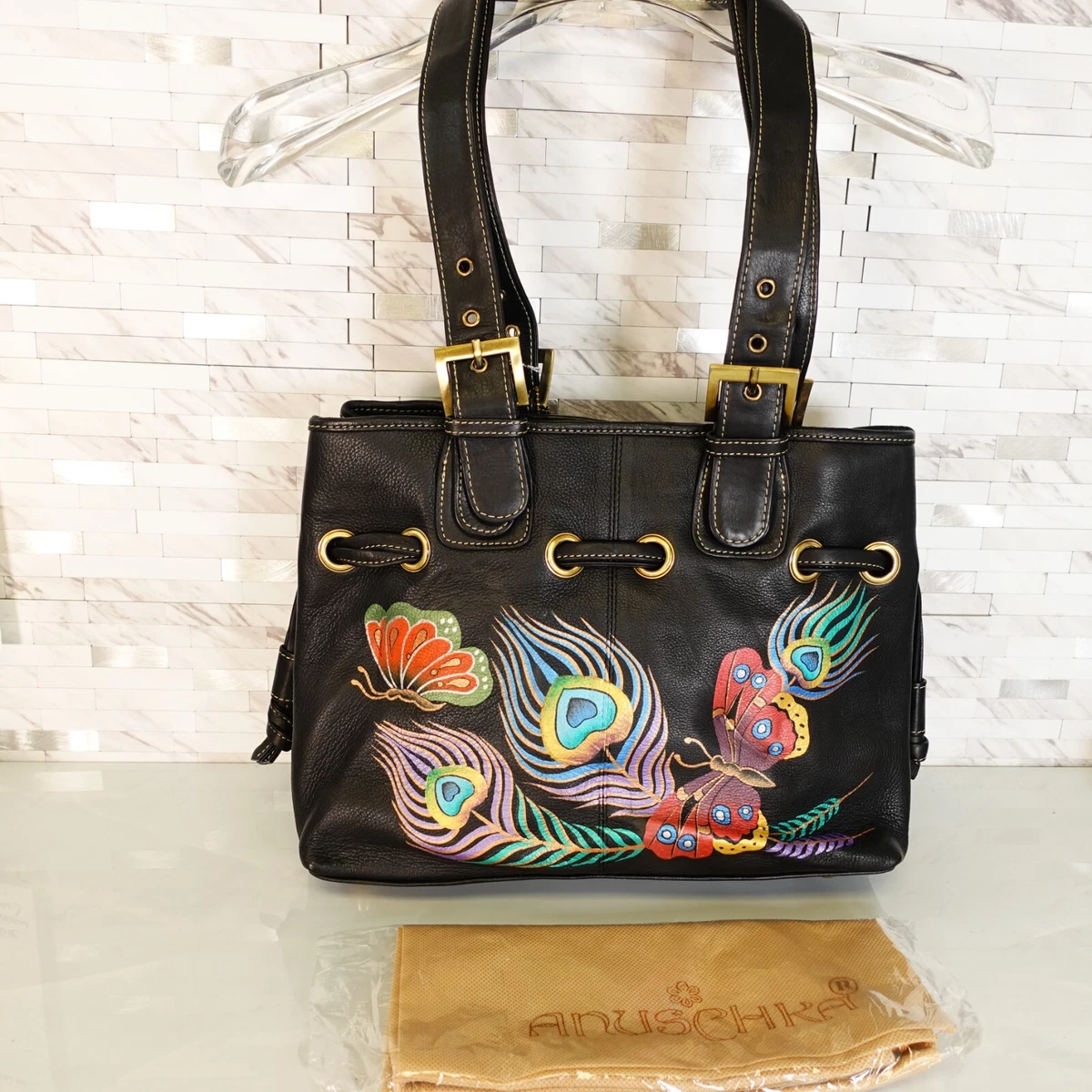 Hand-painted Leather Peacock Tote Bag