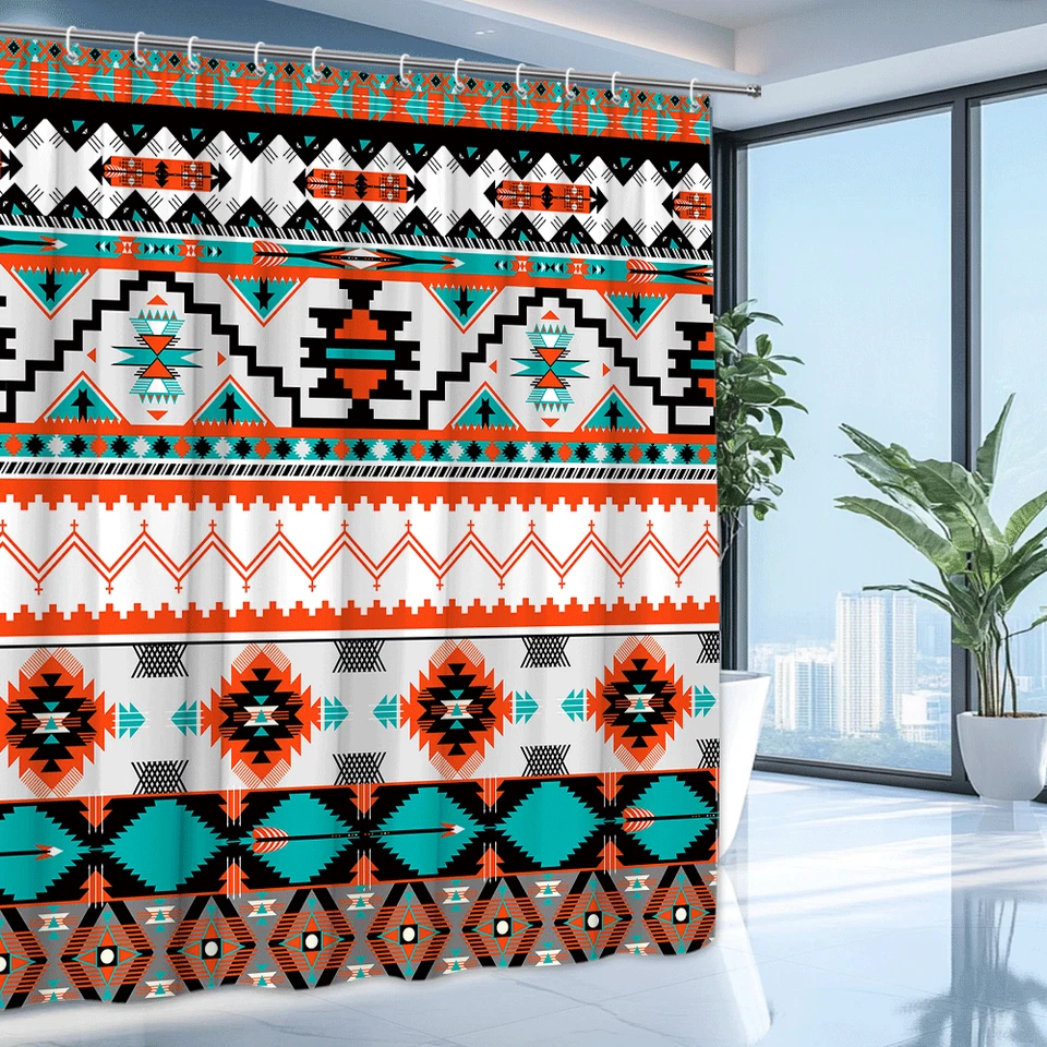 Cortina de Ducha Suroeste Azteca, Boho Tribal Geométrica Verde Azulado Naranja Foto 2 de 4