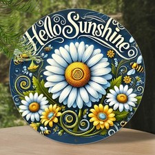 Hello Summer Daisies Round Hotel Tin Metal Signs Home D cor Wall Art 8x8