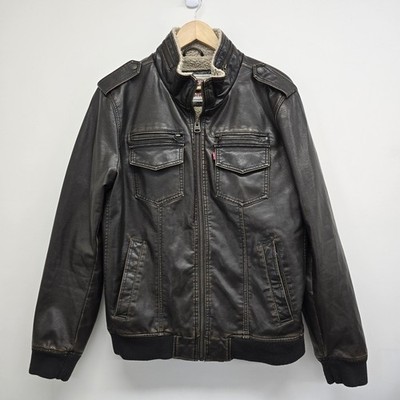 Levi's Faux Leather Trucker Jacket Size M Full Zip Sherpa Lined Aviator Brown 