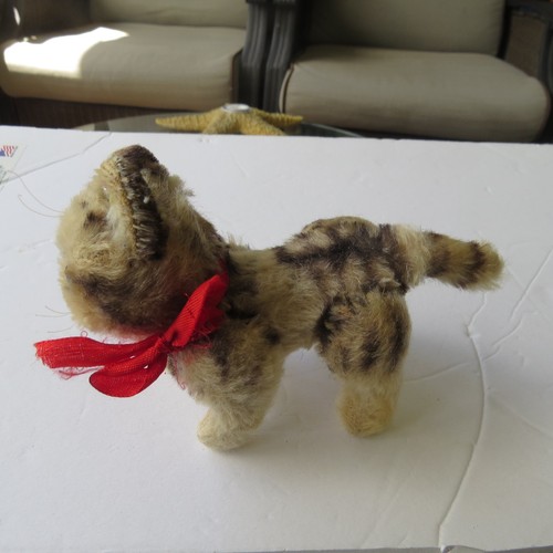 VTG Steiff Tiny Tabby Cat Kitten 4" Mohair Glass Eyes Red Bow BUTTON EAR TAG - Picture 5 of 8