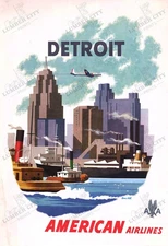 Detroit American Airlines 1950s Travel Poster Bern Hill Vintage Wall Art