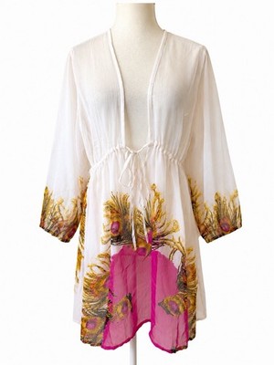 INGEAR White Peacock Feather Print L Sheer Mini Dress Deep V Tie Waist Cover Up