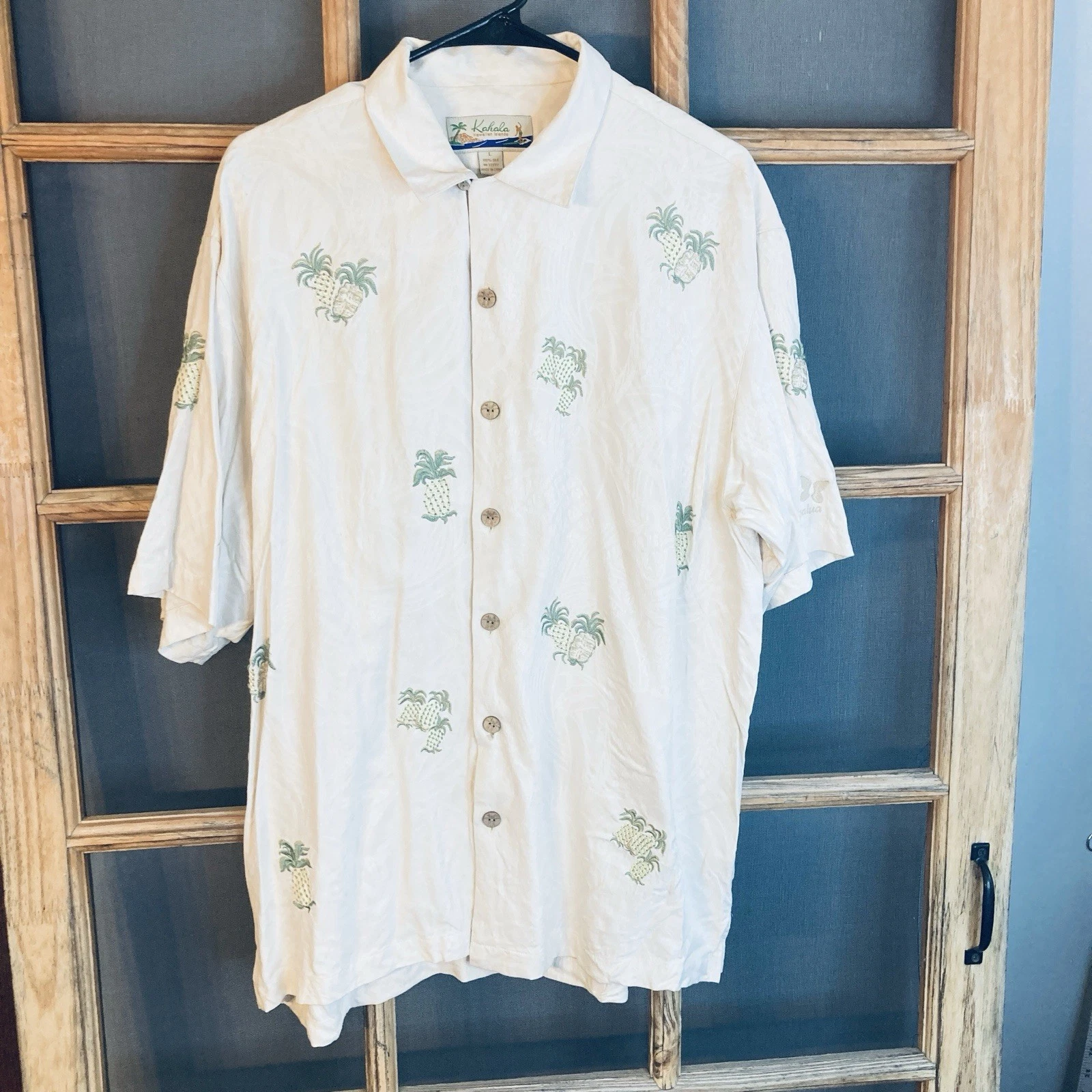 Kalala Men's Pineapple Graphic Hawaiian Silk Shirt Size L 24x31