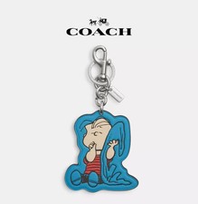     COACH x PEANUTS Linus Bag Charm CBG56 Parrot Blue Multi Leather Key Ring New