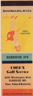 Matchbook cover MD Elkridge Cobb's Gulf Service gas station girlie