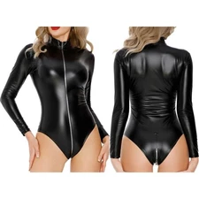 US Womens Sexy Wet Look Faux Leather Bodysuits Latex Teddy Leotard Tops Bodycon 