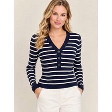 LOFT Sweater Petite Medium Navy Striped Ribbed V-Neck Henley Long Sleeve NWT