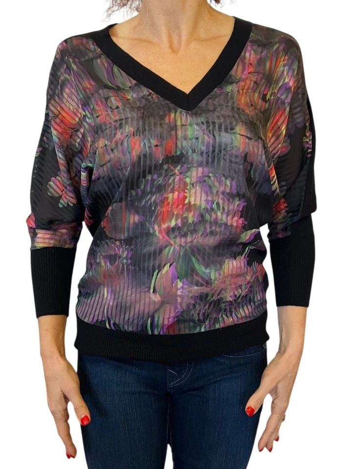Ted Baker  0 XS Tamela Floral Panel Dolman  Sleeve Sweater Wool Cashmere V Neck - Image 3 of 4