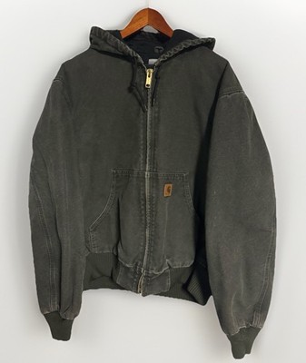 VTG Carhartt J130 MOS Duck Canvas Jacket Hooded Quilt Lined Moss Green Large Reg