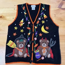 VTG KMART Basic Editions Womens  Small Halloween Vest Knitted Button Candy Bears