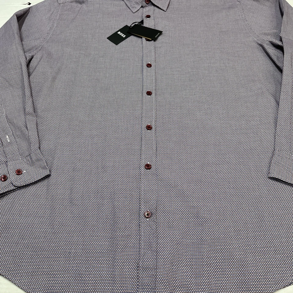 Camisa de vestir Hugo Boss para hombre 3XL púrpura geométrica con botones elástica oficina carrera Foto 3 de 4