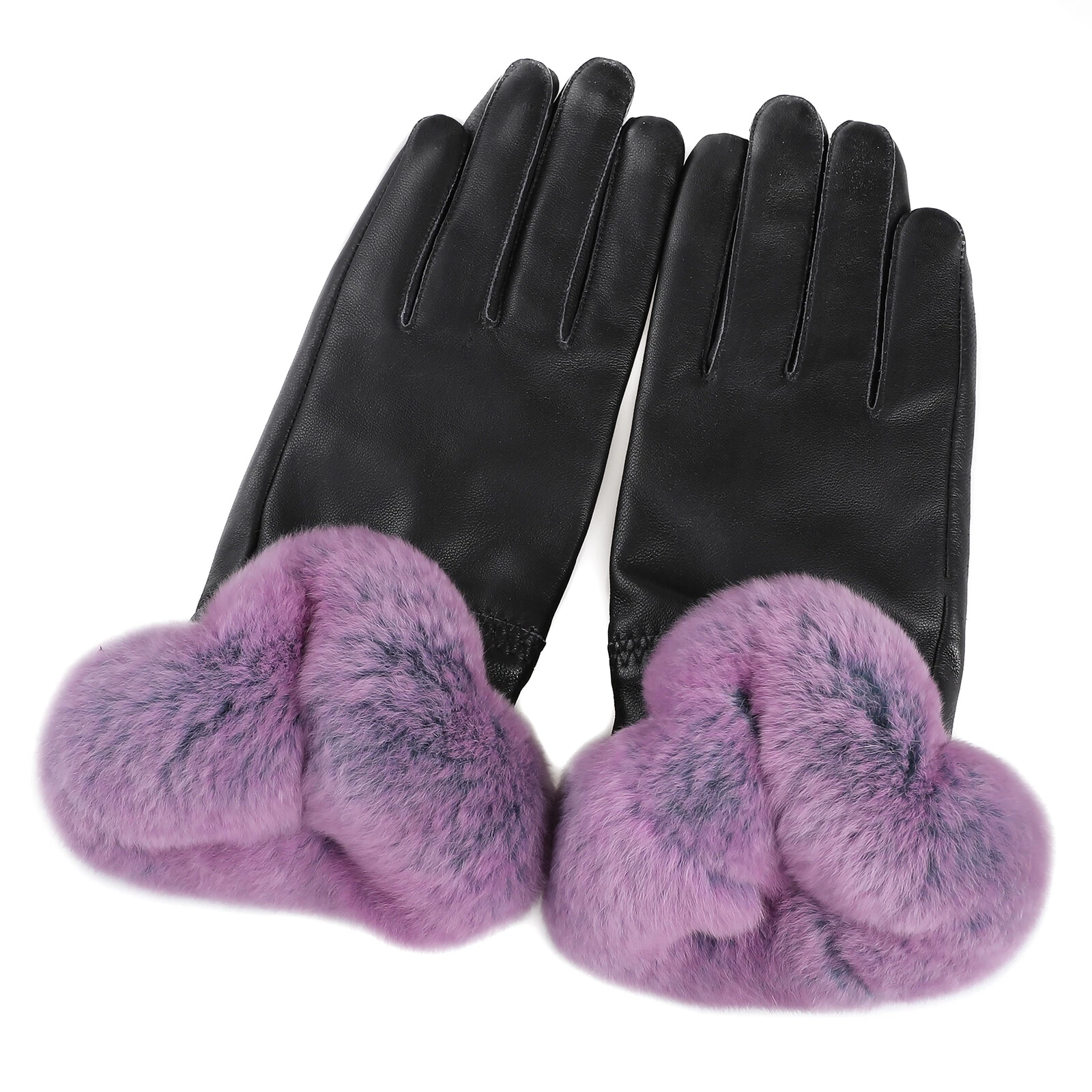 Women's Winter Warm Genuine Leather Gloves Rex Rabbit Fur Trim Cuff Velvet Lined