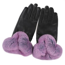 Women's Winter Warm Genuine Leather Gloves Rex Rabbit Fur Trim Cuff Velvet Lined