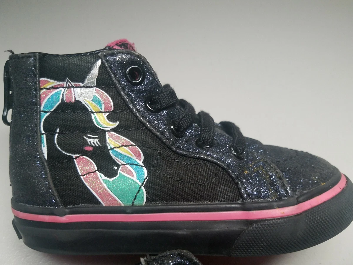 Vans off the Wall Black High Tops Sneakers Sparkly Unicorn girl s size 5.5 t