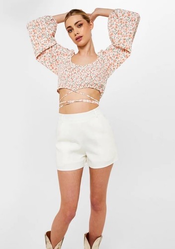 Missguided Crop-Top gerafft Größe 18 Puffärmel Blumenmuster zum Binden NEU mit Etikett - Bild 4 von 5
