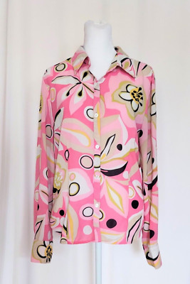 A Line Collared Button Down Pink Psychedelic Pattern Top Blouse Womens Size 10