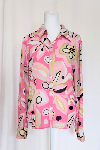 A Line Women's Size 10 Button Down Collared Pink Psychadelic Pattern Top Blouse