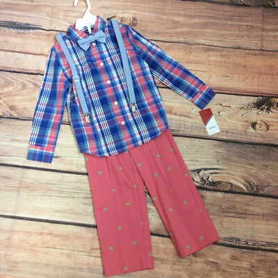 IZOD Boys 4 Pc Set Size 5 Pants Shirt Bow Tie Suspenders Palm Trees