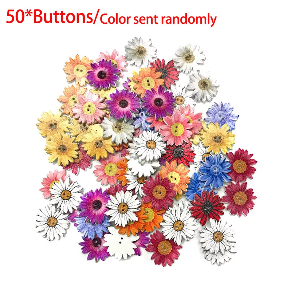 50pcs/bag Buttons Mixed Flower Carved Wooden Sewing Buttons Round Style 2 Holes - Image 3 of 4