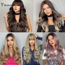 Ombre Platinum Blond Wigs with Bangs Long Body Wavy Natural Hair Daily Women US