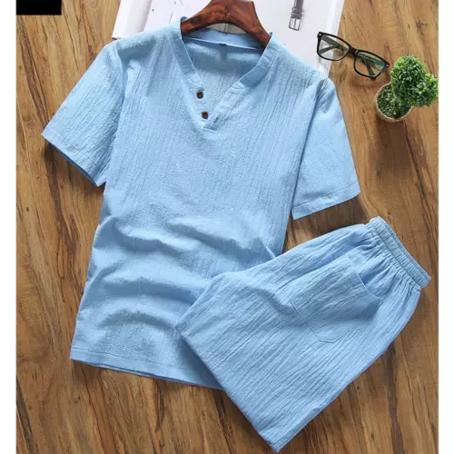 Herren Shorts Baumwolle Leinen Sommer Set 2er Set Kurzarm T-Shirt und Hose - Bild 24 von 30