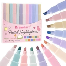 Drawdart Highlighters- 12pcs Assorted Colors with Chisel Tip, No Bleed Pastel