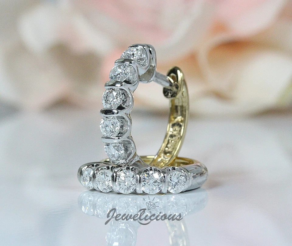 14K 2 Tone Gold 1 CT Natural Diamonds Small Hoop Huge Earrings - Image 2 of 4