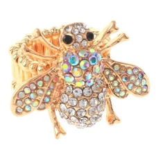 Gold Tone Stretch Metal Bee Ring With Rhinestone R1007-GAB