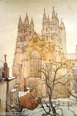 Canterbury Cathedral Owen Merton Watercolor Print Circa 1909 British Landscape