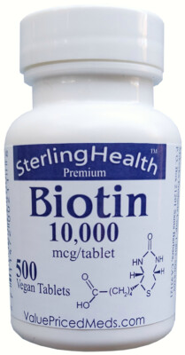 Biotin 10000 mcg, 500 tablet bottle,  or 1 (one) tablet sample pack, biotin 10mg