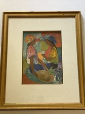 Mid Century Painting Tropical Portrait Woman Modernism Cubism Mystery Artist