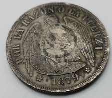 RARE 1879 Chile 90% Silver Peso with Guatemala 1/2 Real 1894 counter-stamp