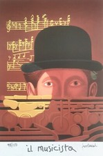 FRANCO FORTUNATO 30x20 serigrafia su cartone " Il musicista " note musicali