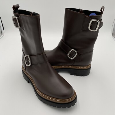 Fabianelli Leather Double Buckle Chunky Mid Lug Boots Brown U376 Size 7.5 (NWOT)