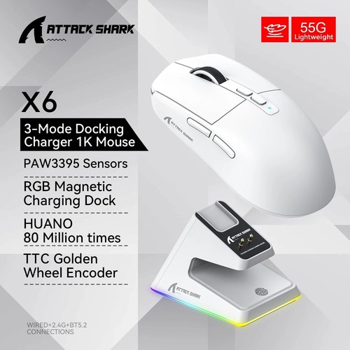 Attack Shark X6 PAW3395 Bluetooth Mouse Tri-Mode RGB Touch Magnetic Charging - Picture 7 of 9