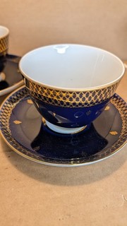 Lomonosov St. Petersburg Russia Cobalt Blue Cups and Saucers Gold Trim X2