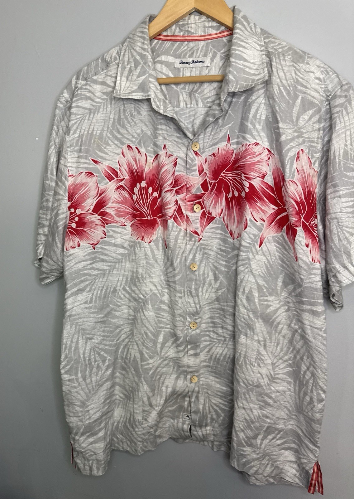 Tommy Bahama Camicia Uomo Lino Hawaiana Fila di Ibisco Taglia XL Grigio Rosa