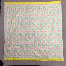 Vintage Handmade Baby Quilt Alphabet Block Pastel Plaid Yellow Ruffle Trim 45x45