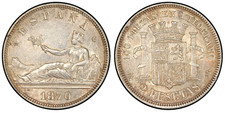 1870-DE M 2 PTA PESTAS PCGS AU55 SPAIN SILVER RARE COIN POP 3 - NONE HIGHER