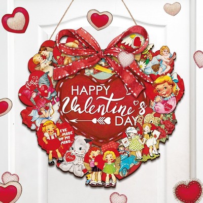Valentine's Day Door Sign Wooden Heart Hanging Wreaths Sign Front Decor Red Hear