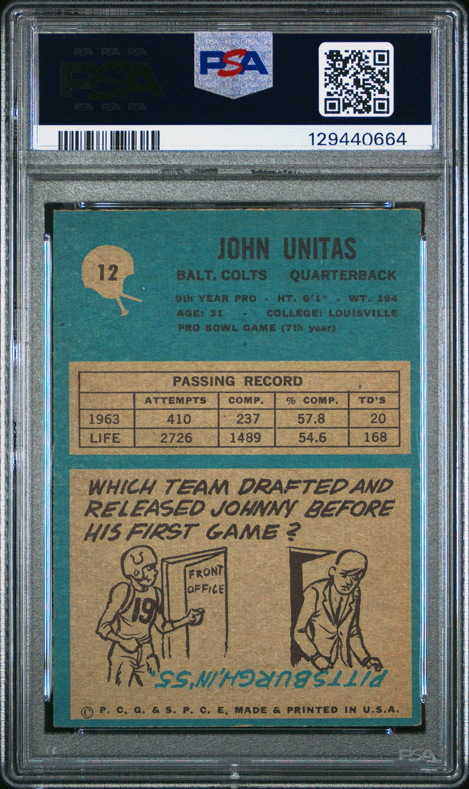 1964 PHILADELPHIA #12 JOHN UNITAS PSA 4.5 view 2