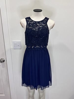 BCX navy blue sparkly short spring a line party sleeveless high neck dress